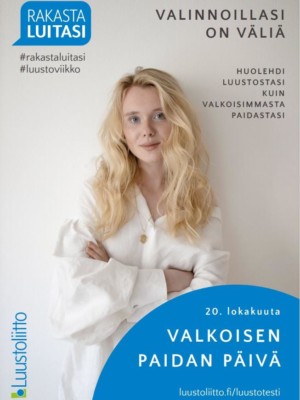 Nuori nainen valkoisessa paidassa: Valinnoillasi on väliä - huolehdi luustostasi kuin valkoisimmasta paidastasi.