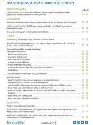 Osteoporoosin hyvän hoidon muistilista